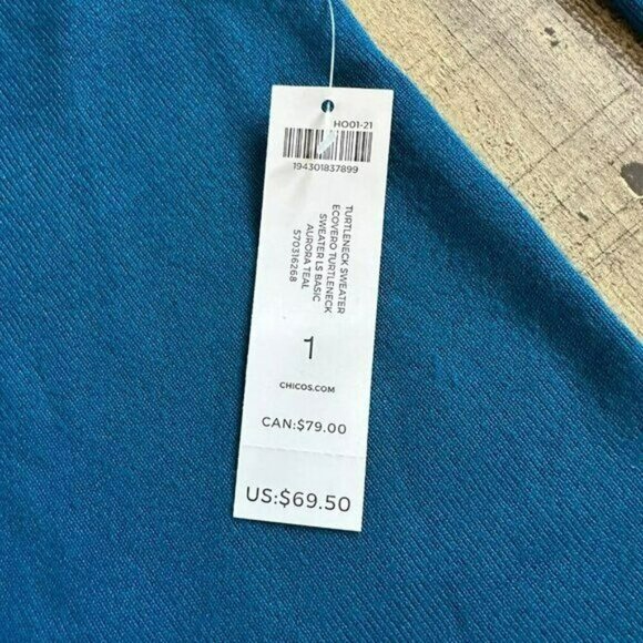 Chicos blue high neck long sleeve top women's 1 -(M) - Picture 9 of 10